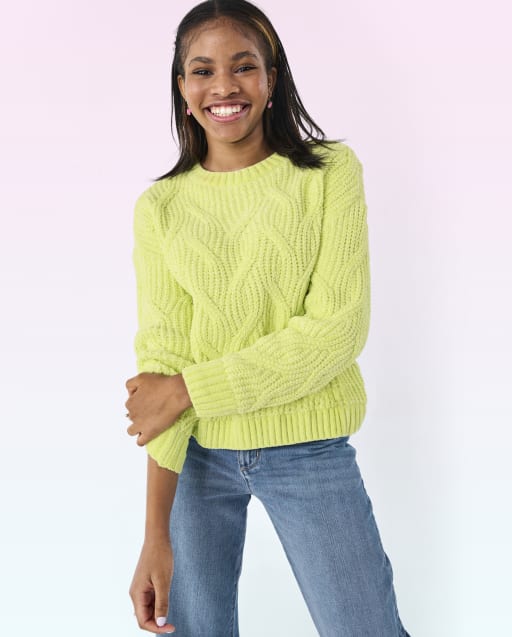 Tween Girls Long Sleeve Cable Knit Chenille Sweater FROSTED LIME The Children s Place