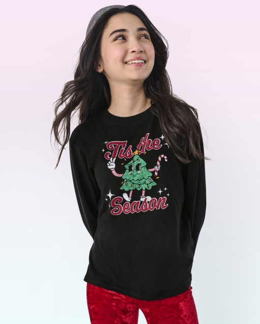 Tween Girls Long Sleeve Christmas Tree Oversized Graphic Tee BLACK