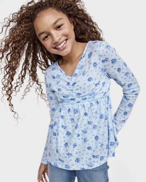 売れ筋商品|||セルフエスティーム カットソー トップス レディース Juniors' Peasant Long Sleeve Top Baby Blue Floral Buy Blue Ditsy Floral Long Sleeve Baby Frill Top And