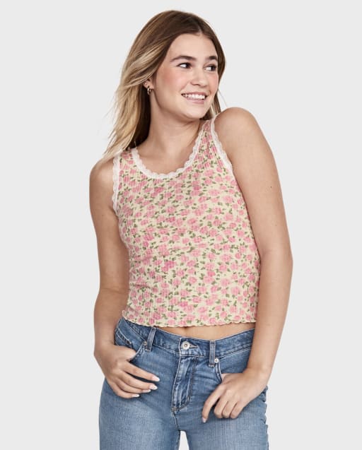 Tween Girls Sleeveless Floral Lace Tank Top - TAN | The