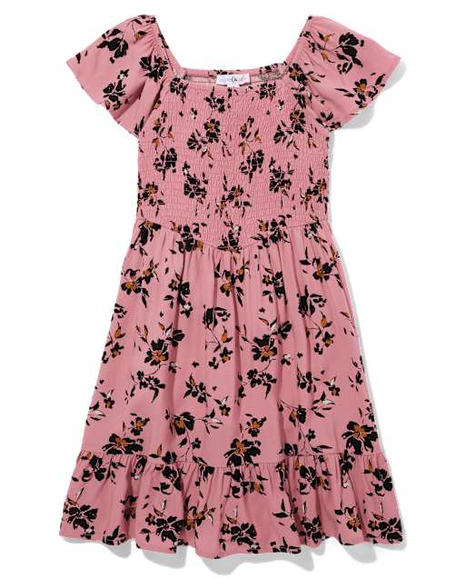 Tween Girls Short Flutter Sleeve Floral Smocked Dress - PINK