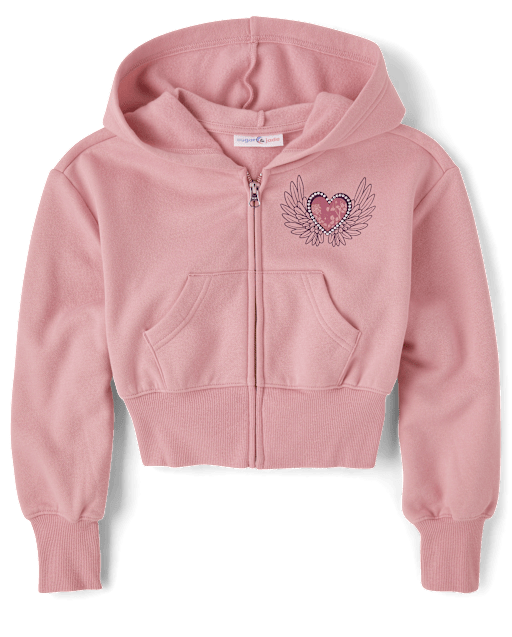 Tween Girls Long Sleeve Fleece Cropped Zip Up Hoodie - PINK
