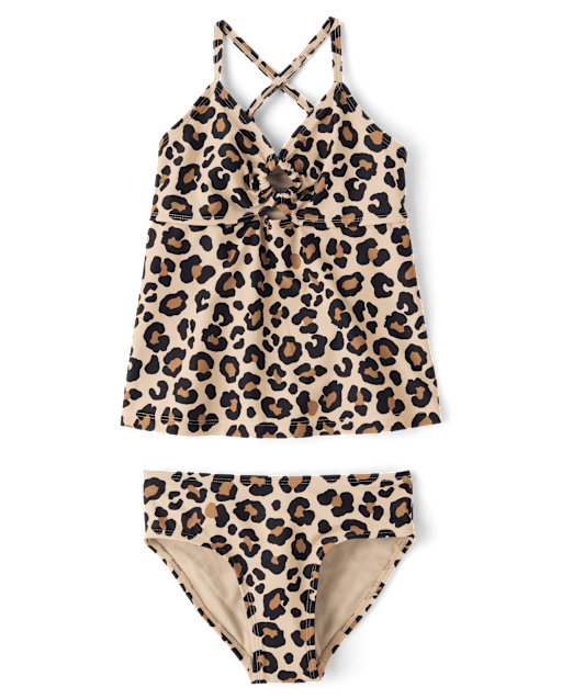 Tween Girls Sleeveless Leopard Cut Out Tankini Swimsuit - TAN