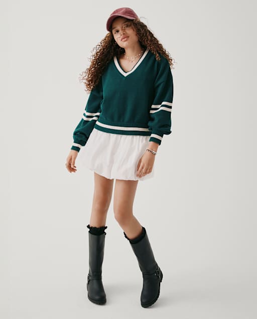Pull Enfant Vintage 90's Children's Place Taille 7 - Vert Rayé En Maille