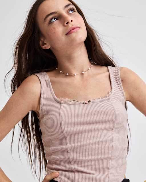 Tween Girls Sleeveless Ribbed Lace Corset Tank Top - PINK | The
