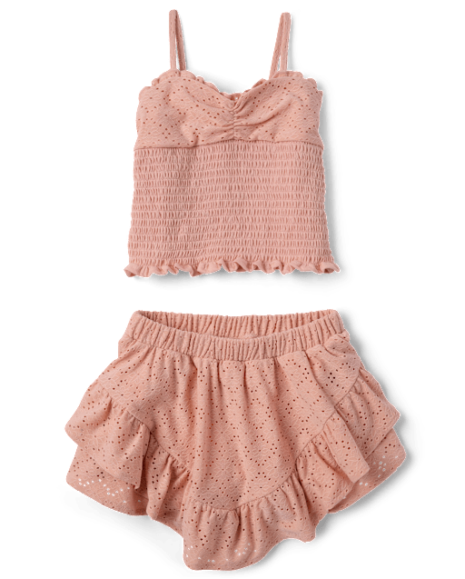 Tween Girls Sleeveless Textured Eyelet 2-Piece Outfit Set - ORANGE