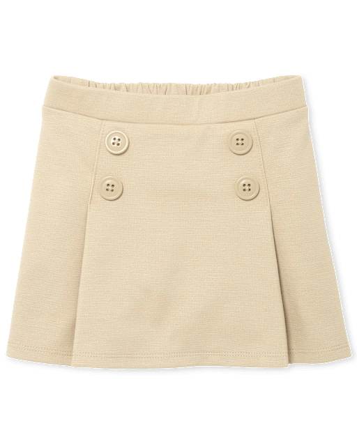 Toddler Girls Uniform Pleated Ponte Knit Button Skort - TAN