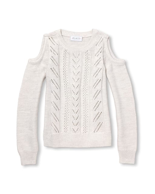 Girls Metallic Cable Knit Cold Shoulder Sweater WHITE The Children s Place CA