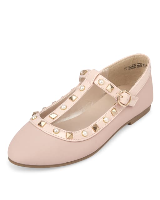 Girls Faux Pearl Studded Faux Leather T Strap Ballet Flats PINK The Children s Place