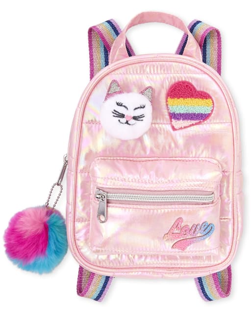 Girls Rainbow Patch Quilted Mini Backpack - PINK | The