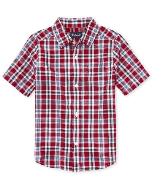 Young Boy Casual Holiday Red And Black Plaid Short Sleeve Shirt | SHEIN A