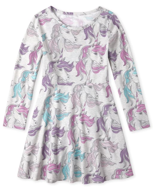 Girls Long Sleeve Unicorn Print Knit Skater Dress GRAY The Children s Place