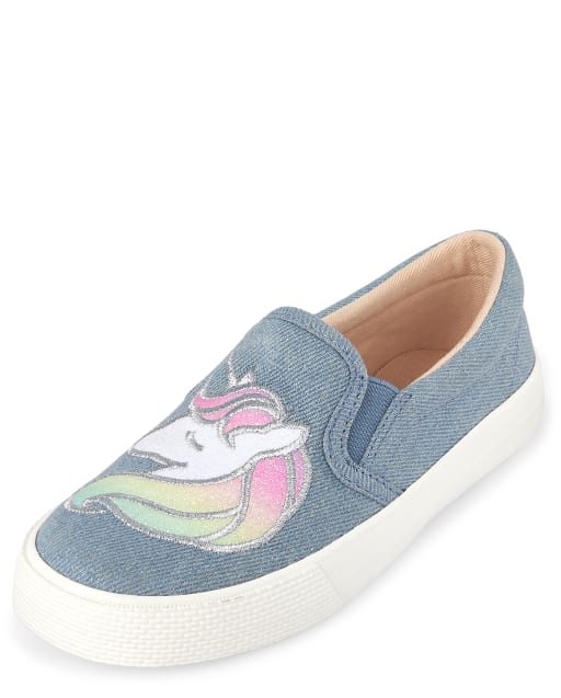 Girls Glitter Embroidered Unicorn Matching Denim Slip On Sneakers