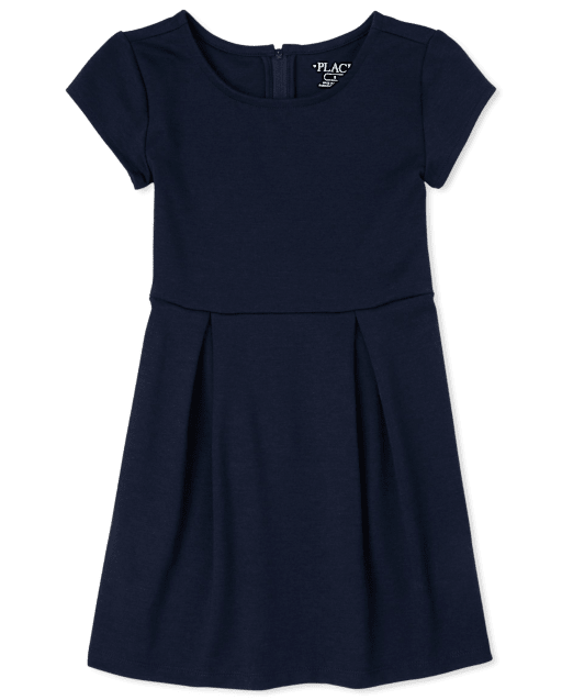 blue ponte dress Girl's Stretch Ponte Dress with Rhinestone Buttons