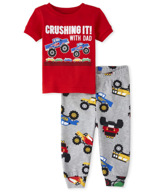 Baby And Toddler Boys Short Sleeve Puff Print Crushing It With Dad Monster Truck Print Snug Fit Cotton Pajamas GRAY The Children s Place CA