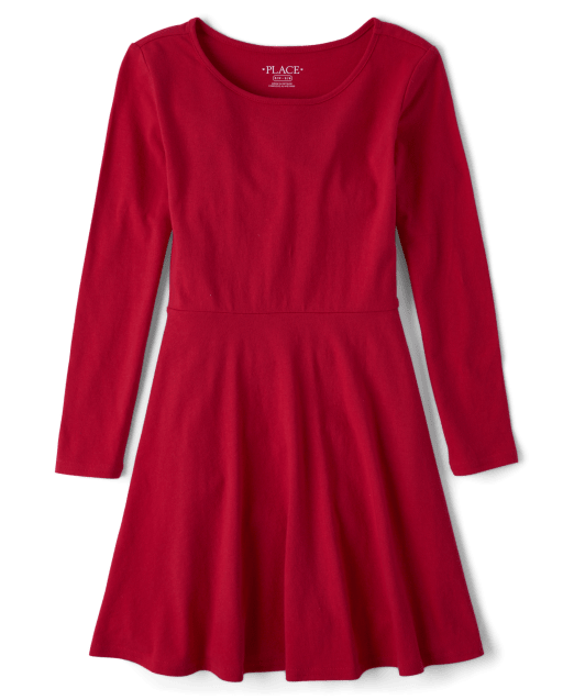 long sleeve skater dress red Red Velvet Long Sleeve Fit and Flare Skater Dress