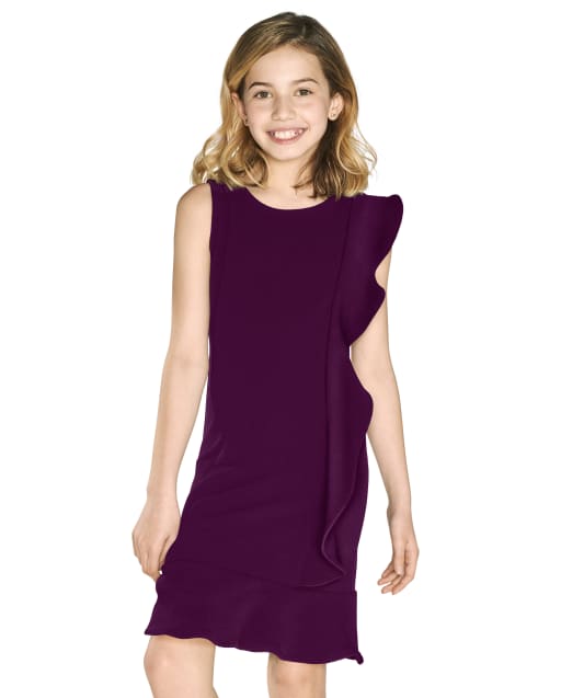 Girls Sleeveless Stretch Jacquard Knit Ruffle Dress - PURPLE