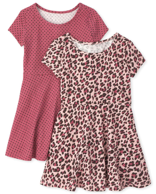 Baby And Toddler Girls Short Sleeve Leopard And Dot Print Knit