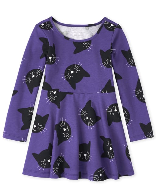 cat skater dress Baby And Toddler Girls Halloween Long Sleeve Cat Knit Skater Dress - PURPLE
