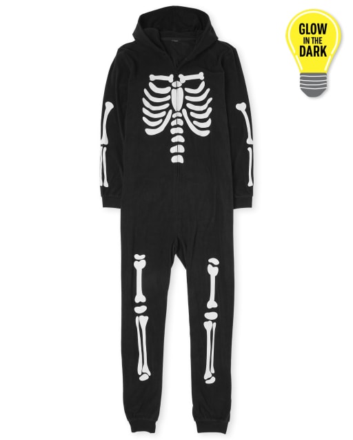 Unisex Adult Matching Family Halloween Long Sleeve Glow In The Dark Skeleton Fleece One Piece Pajamas BLACK The Children s Place