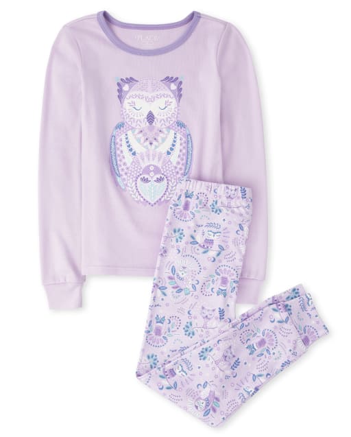 Girls Owl Snug Fit Cotton Pajamas