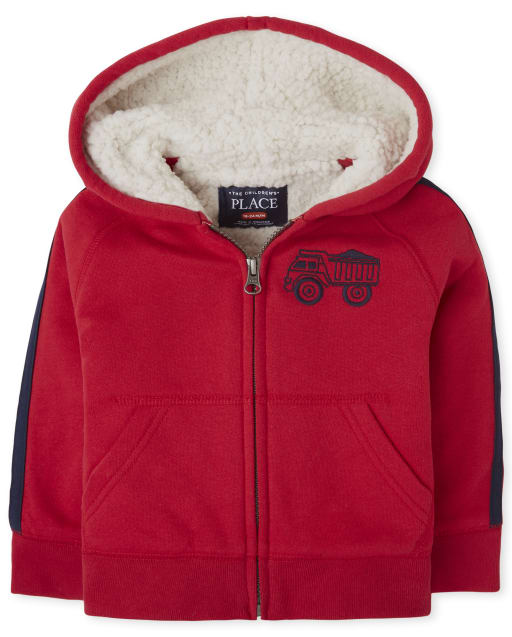 Toddler Boys Long Striped Sleeve Truck Sherpa Zip Up Hoodie RED The Children s Place