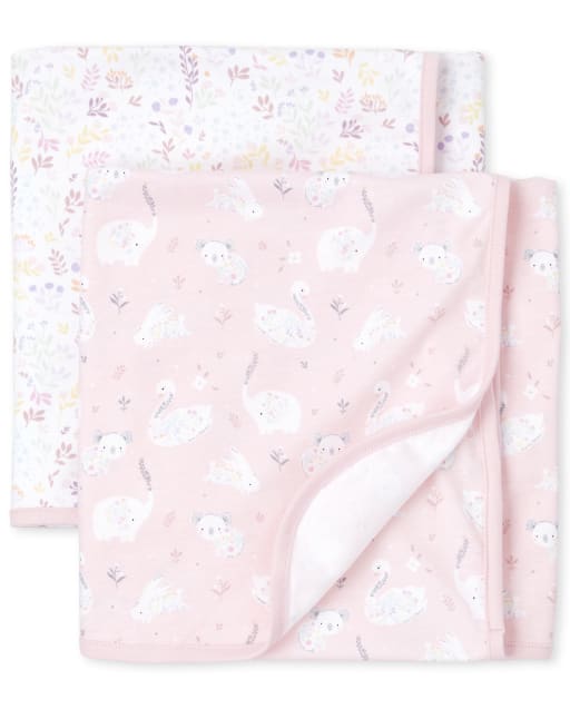 Baby Girls Floral Swan Swaddle Blanket 2-Pack WHITE The
