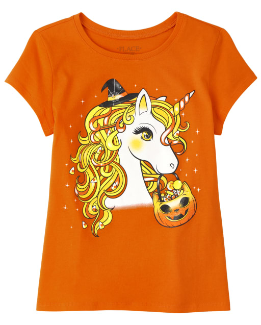 Camiseta de manga corta con estampado de unicornio de Halloween para ninas ORANGE The Children s Place