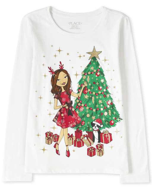 Girls Christmas Long Sleeve Glitter Girl Graphic Tee WHITE The Children s Place