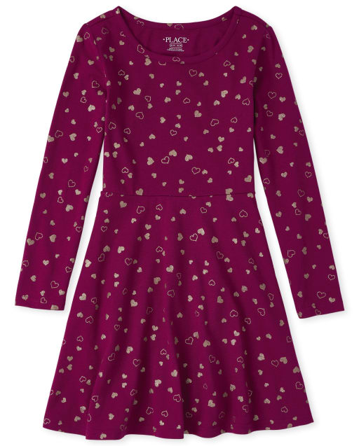 Girls Long Sleeve Print Knit Skater Dress - RED | The