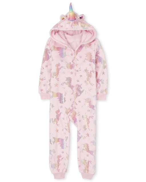 Girls Long Sleeve Foil Unicorn Print Fleece Hooded One Piece