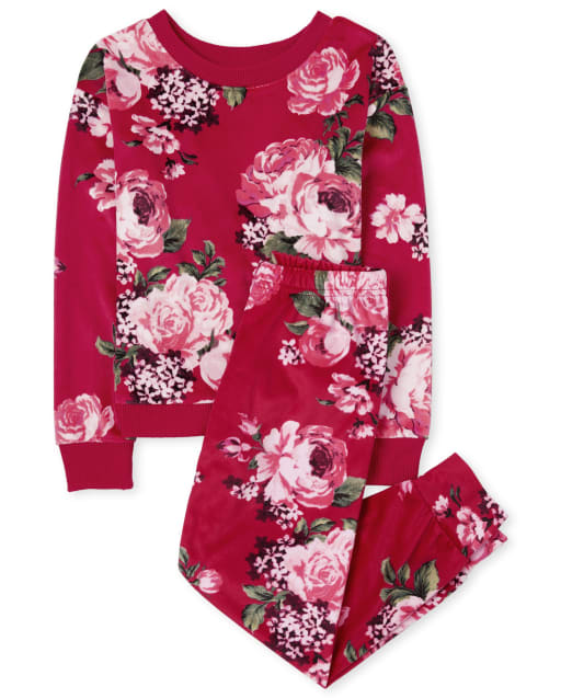 Pack of 2 Floral Velour Pyjamas for Girls - beige light solid with design,  Girls
