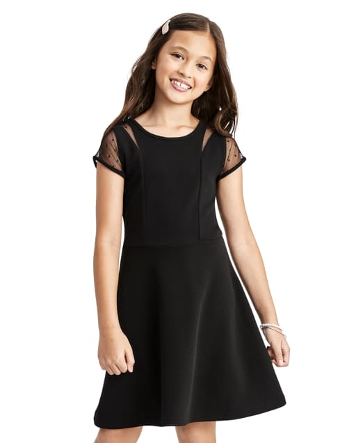 Girls Short Sleeve Mesh Dot Stretch Knit Jacquard Dress BLACK The Children s Place
