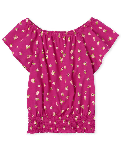 Girls Short Sleeve Floral Print Smocked Top - PINK | The