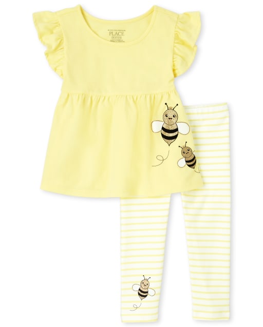 Toddler Girls Short Flutter Sleeve Bumble Bee Top And Striped Knit