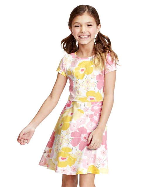 Girls Short Sleeve Print Knit Skater Dress - WHITE | The