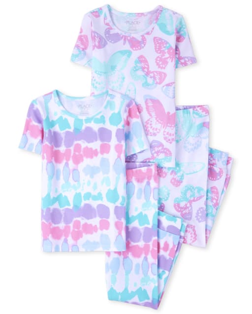 Girls Short Sleeve Tie Dye And Butterfly Print Snug Fit Cotton Pajamas 2 Pack WHITE The Children s Place