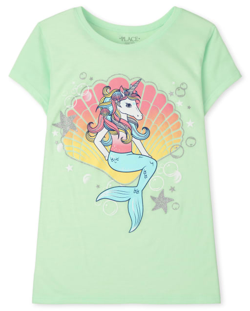 Girls Short Sleeve Unicorn Mermaid Graphic Tee - GREEN | The