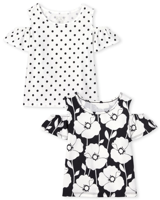 Toddler girls short sleeve floral and dot print cold shoulder top 2