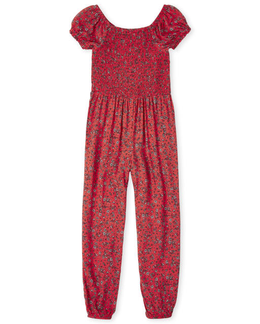 Girls Short Sleeve Floral Print Woven Smocked Jumpsuit SWEET BERRY The Children s Place CA