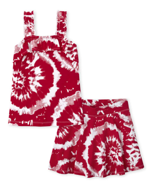 Girls Canada Day Sleeveless Tie Dye Ruffle Tank Top And Knit Skort