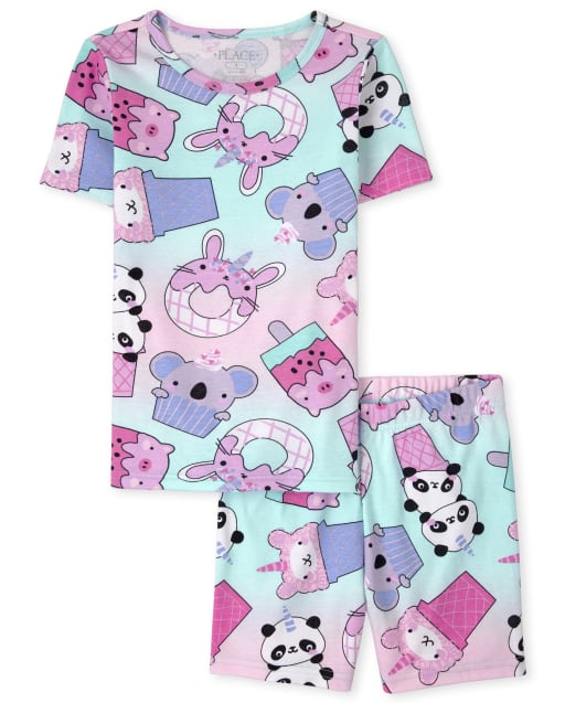 Girls Short Sleeve Squishies Print Snug Fit Cotton Pajamas BLUE