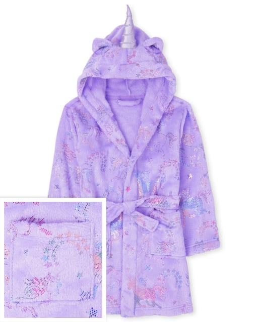 childrens purple dressing gown Girls Long Sleeve Unicorn Fleece Robe - PURPLE