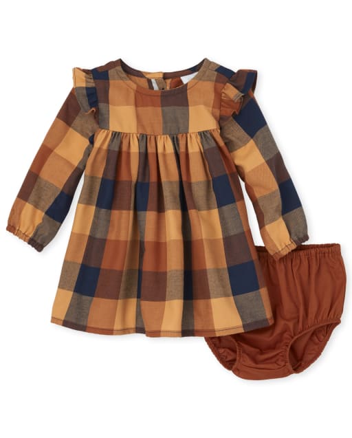 Baby Girls Mommy And Me Long Sleeve Plaid Twill Matching Dress And