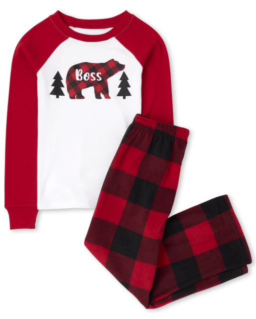 Unisex Kids Matching Family Christmas Long Raglan Sleeve Bear Buffalo Plaid Snug Fit Cotton Top And Fleece Pants Pajamas RED The Children s Place CA
