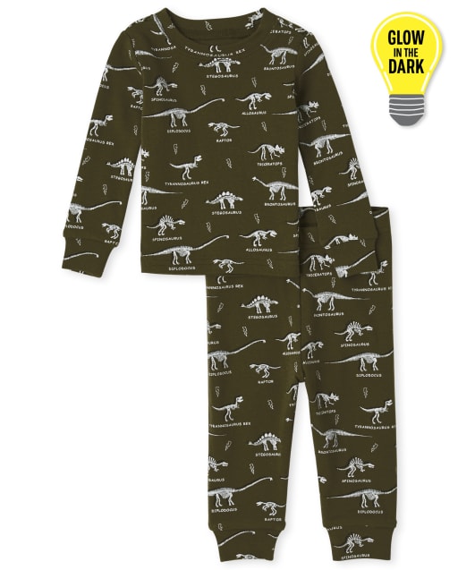 Boys Glow In The Dark Long Sleeve Dino and Ninja Snug Fit Cotton Pajamas  2-Pack