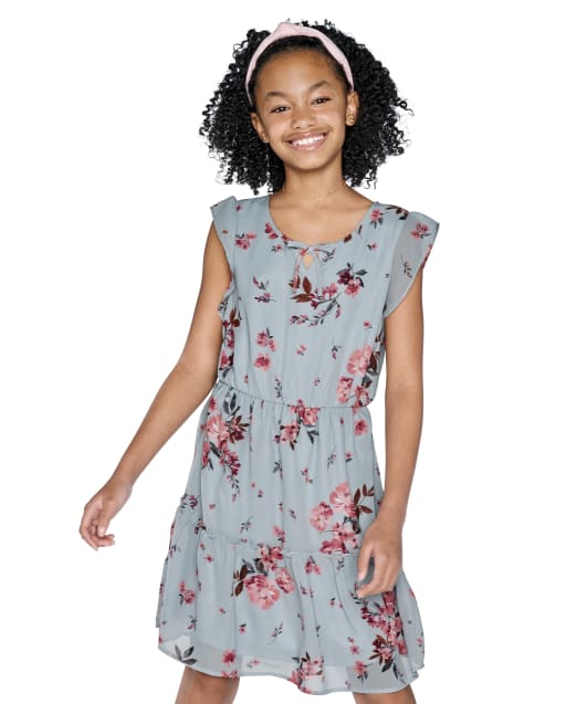 Girls Short Ruffle Sleeve Floral Print Woven Tiered Dress | The ...