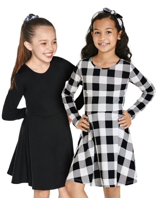 long sleeve plaid skater dress Odeerbi 4-14 Years Toddler Girls Christmas Plaid A-Line Dress Spring Fall Long Sleeve Ballet Skater Dress Stretchy Twirly Skater School Recital Round