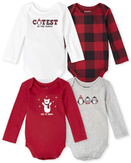 Baby Long Sleeve Buffalo Plaid Bodysuit 4-Pack - RED | The Children's Place