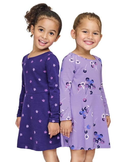 Toddler Girls Long Sleeve Floral Print Knit Skater Dress 2